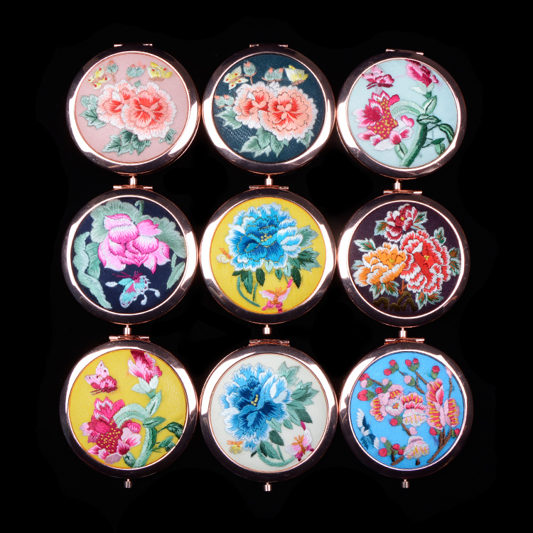 行唐化妆随身镜精品出国送礼刺绣中国风古风摄影 手绣镜子
